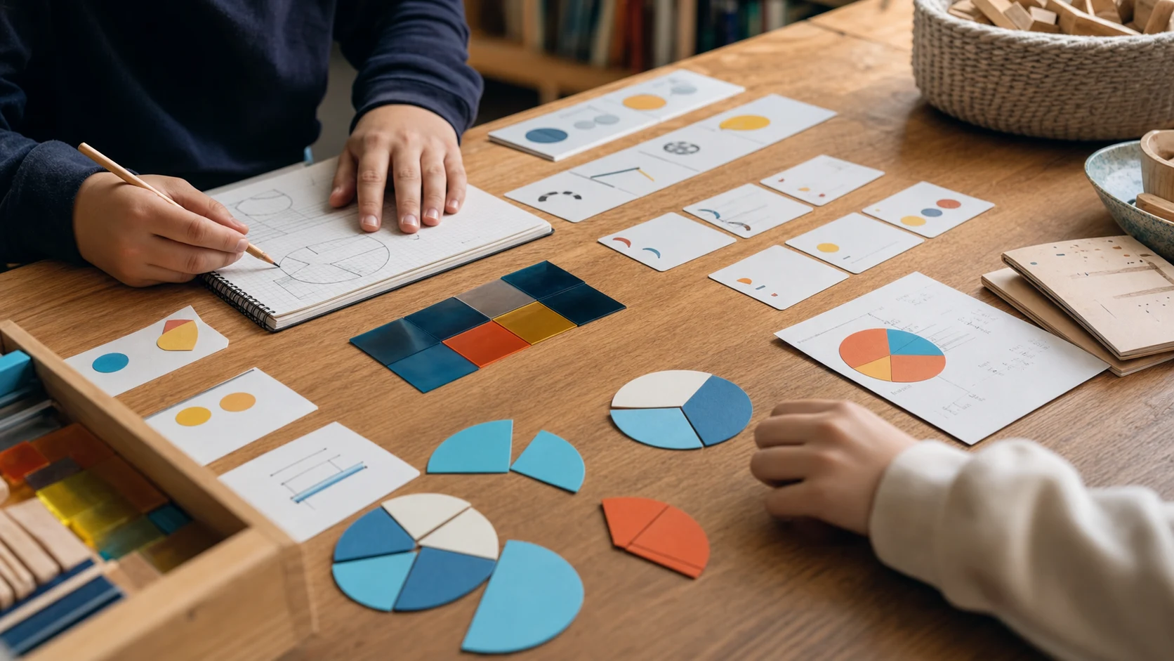 Hands arranging fraction pieces and learning cards on a table