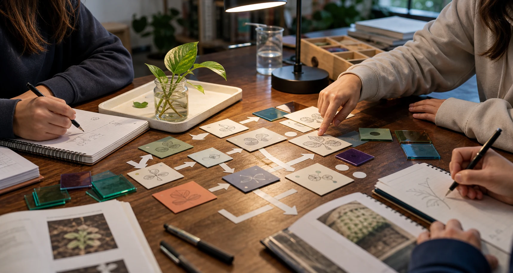 Science learning cards arranged around a plant and notebooks